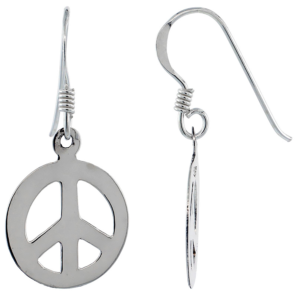 Sterling Silver Peace Sign Dangle Earrings, 9/16 inch wide
