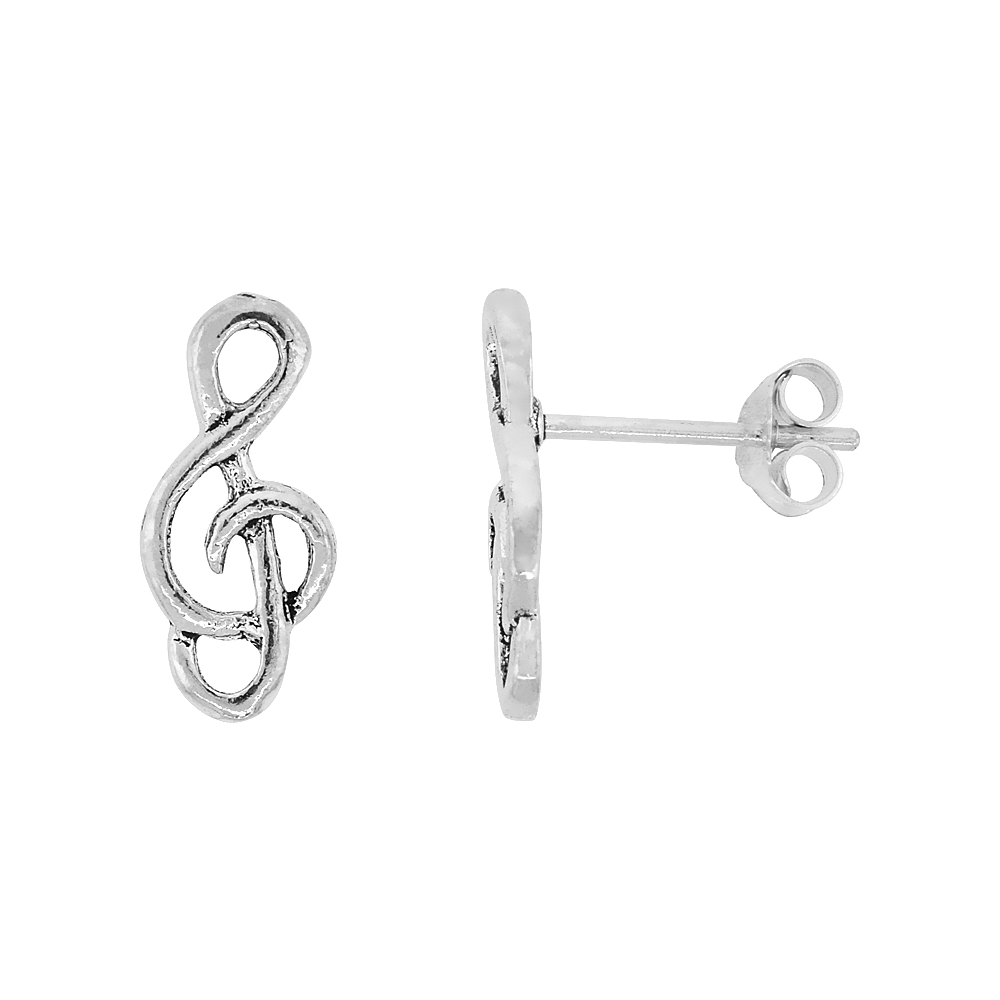 STERLING SILVER TREBLE G-CLEF STUD EARRINGS 9/16 INCH LONG