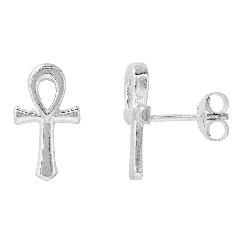 STERLING SILVER ANKH STUD EARRINGS 5/16 INCH WIDE