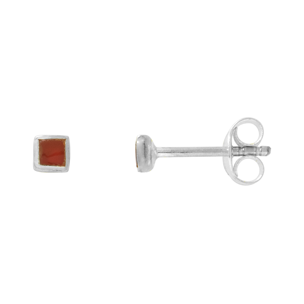 VERY TINY SQUARE CARNELIAN STUD EARRINGS CARTILAGE NOSE STUDS, 1/8 INCH (3MM) WIDE