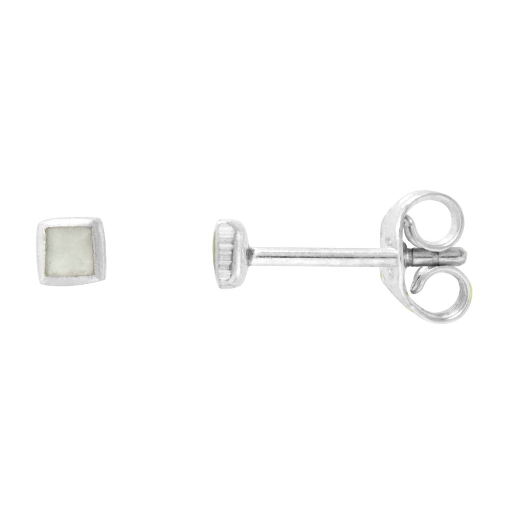 VERY TINY SQUARE MOTHER OF PEARL STUD EARRINGS CARTILAGE NOSE STUDS, 1/8 INCH (3MM) WIDE
