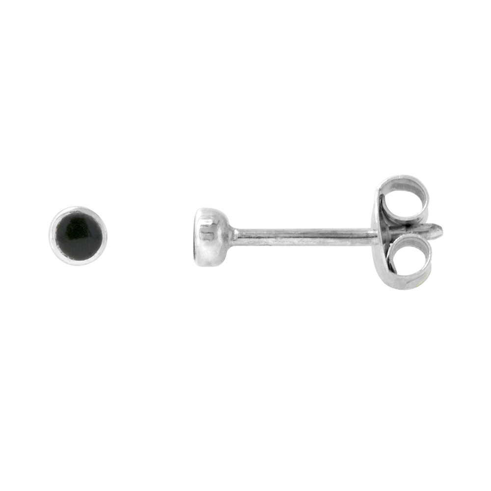 TINY STERLING SILVER 3MM ROUND BLACK ONYX STUD EARRINGS NOSE STUDS, 1/8 INCH