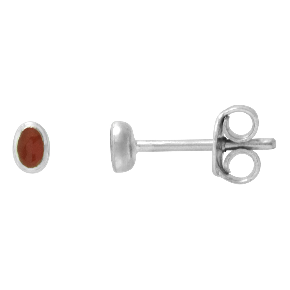 TINY INLAID STERLING SILVER CARNELIAN STUD EARRINGS NOSE STUDS, 1/8 INCH (3MM) TALL