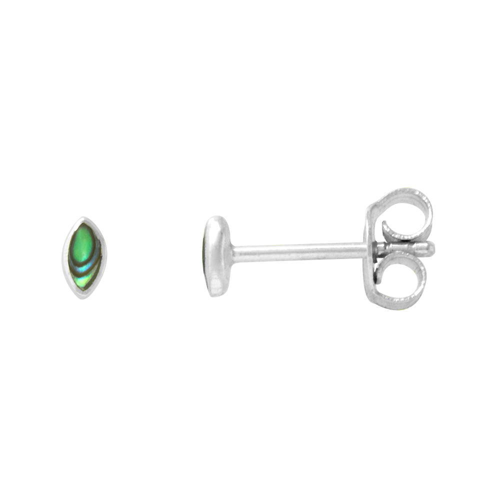 DAINTY STERLING SILVER MARQUISE ABALONE SHELL STUD EARRINGS NOSE STUDS SHAPE, 5/32 INCH (4MM) TALL