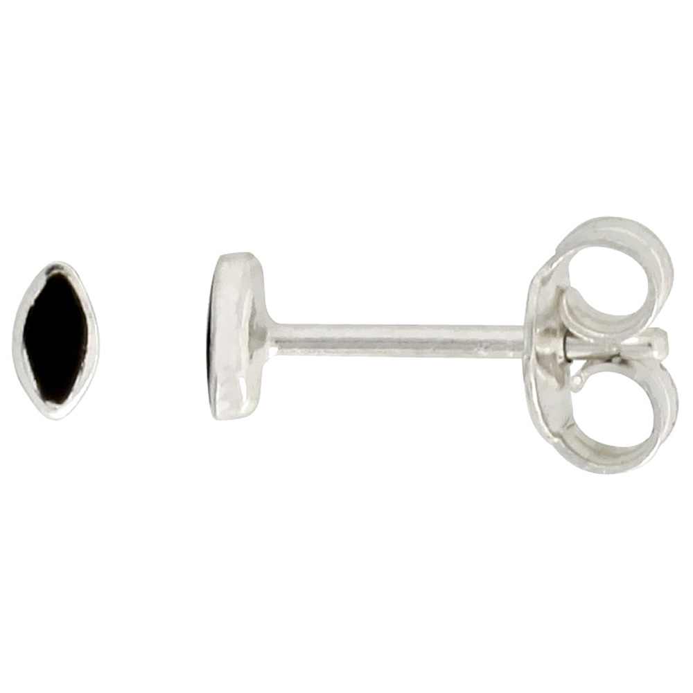 STERLING SILVER MARQUISE BLACK ONYX STUD EARRINGS NOSE STUDS MARQUISE SHAPE, 5/32 INCH (4MM) TALL