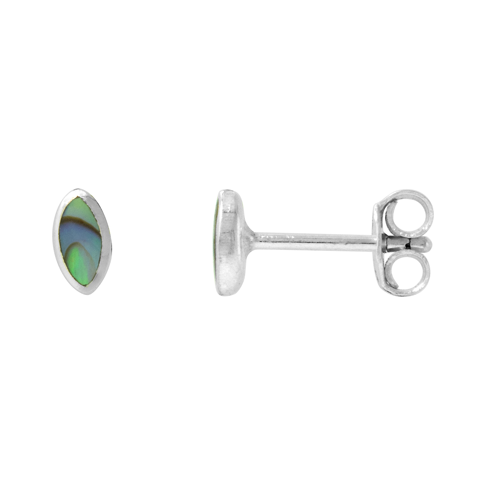 TINY STERLING SILVER 5MM MARQUISE ABALONE SHELL STUD EARRINGS CARTILAGE, 3/16 INCH