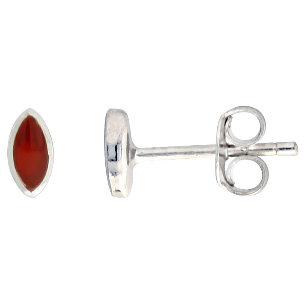 TINY STERLING SILVER 5MM MARQUISE CARNELIAN STUD EARRINGS CARTILAGE, 3/16 INCH