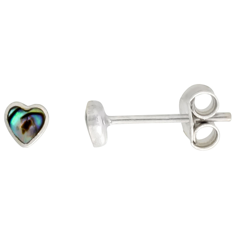TINY STERLING SILVER 4MM ABALONE SHELL HEART STUD EARRINGS NOSE STUDS, 1/8 INCH