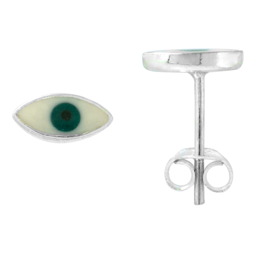 Dainty 8mm Sterling Silver Green Evil Eye Stud Earrings, 5/16 inch