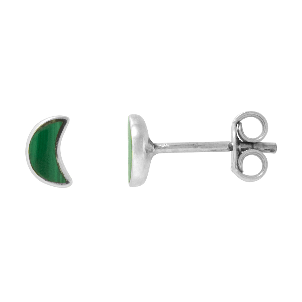 TINY 6MM STERLING SILVER MALACHITE CRESCENT MOON STUD EARRINGS NOSE STUDS, 1/4 INCH