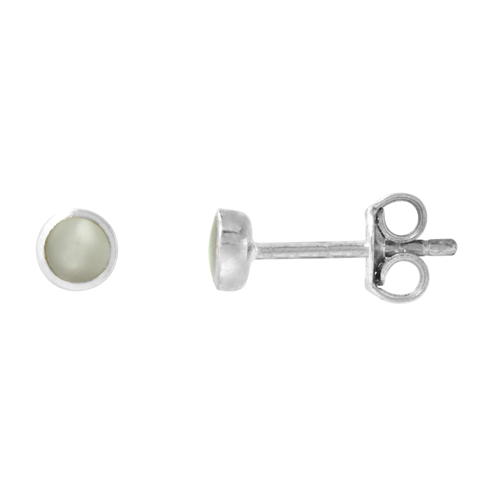 TINY STERLING SILVER 4MM ROUND MOTHER OF PEARL STUD EARRINGS NOSE STUDS, 1/8 INCH