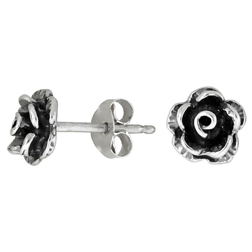 TINY STERLING SILVER ROSE STUD EARRINGS 5/16 INCH