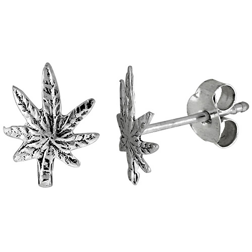 TINY STERLING SILVER 7 LEAF MARIJUANA STUD EARRINGS 3/8 INCH