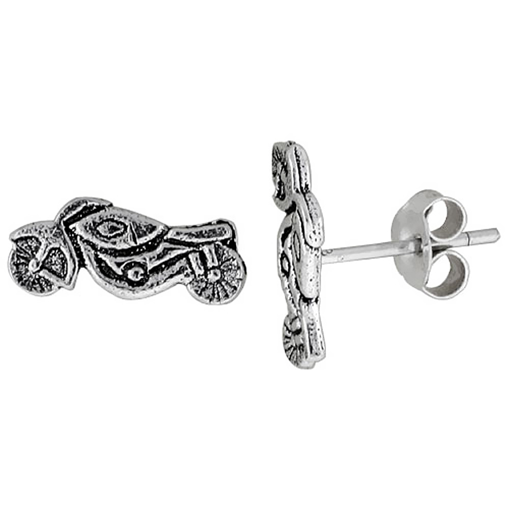 TINY STERLING SILVER MOTORCYCLE STUD EARRINGS 7/16 INCH