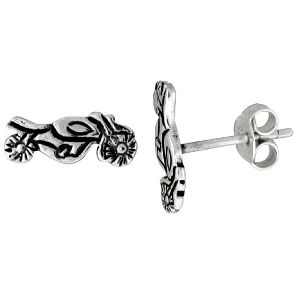 TINY STERLING SILVER MOTORCYCLE STUD EARRINGS 7/16 INCH