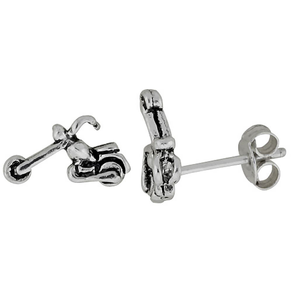 TINY STERLING SILVER MOTORCYCLE STUD EARRINGS 7/16 INCH