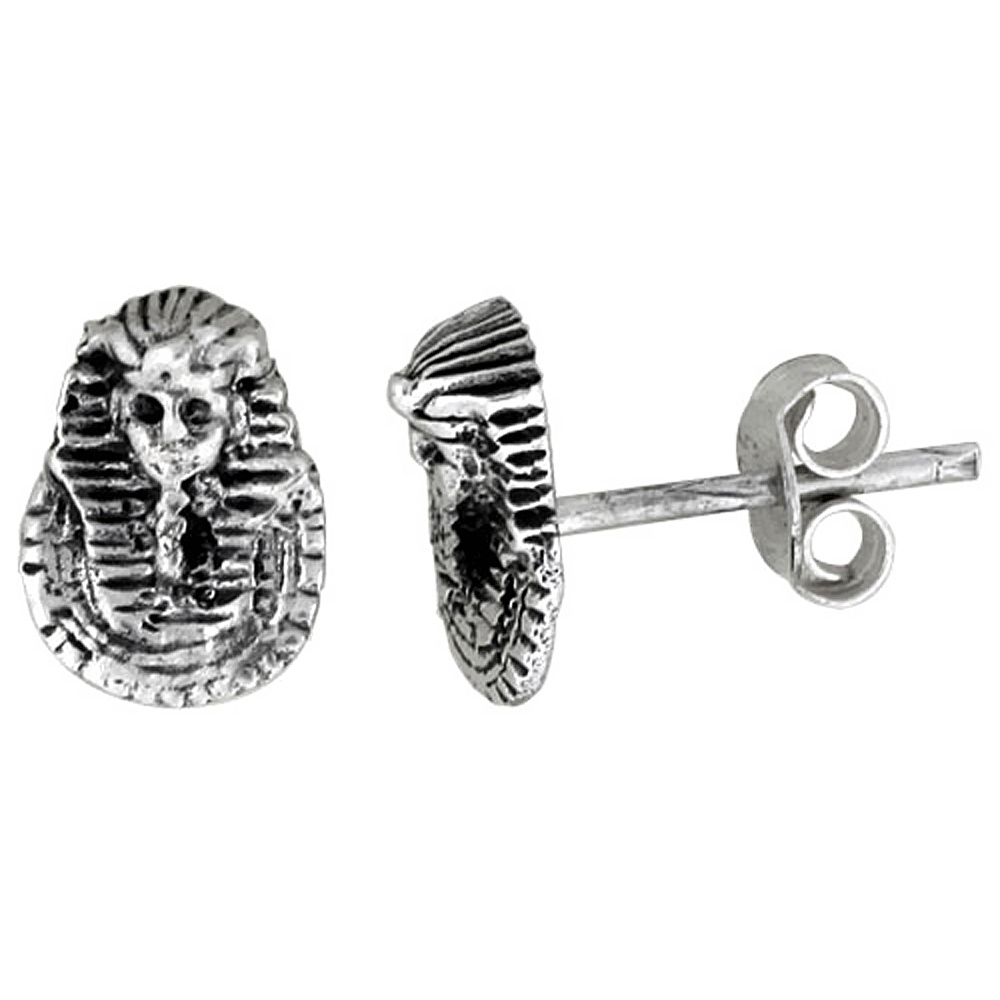 TINY STERLING SILVER KING TUT'S MASK STUD EARRINGS 3/8 INCH