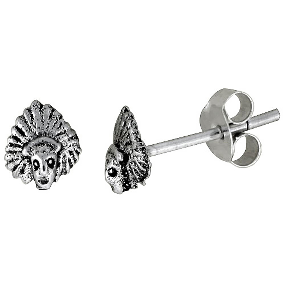 TINY STERLING SILVER INDIAN HEAD STUD EARRINGS, 1/4 INCH