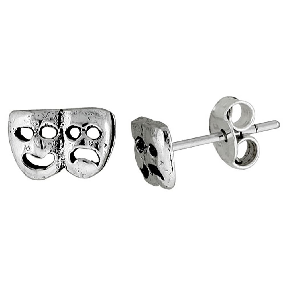TINY STERLING SILVER DRAMA MASKS STUD EARRINGS 5/16 INCH