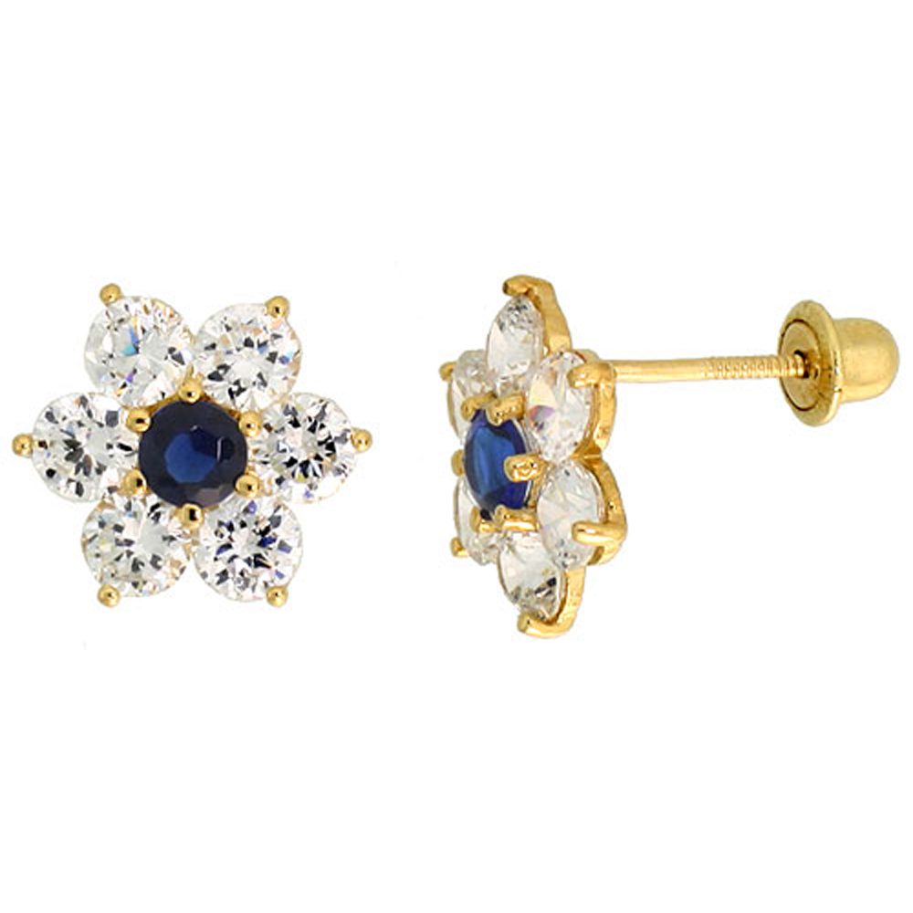 14K GOLD FLOWER STUD EARRINGS BLUE & WHITE CUBIC ZIRCONIA STONES 5/16 INCH TALL