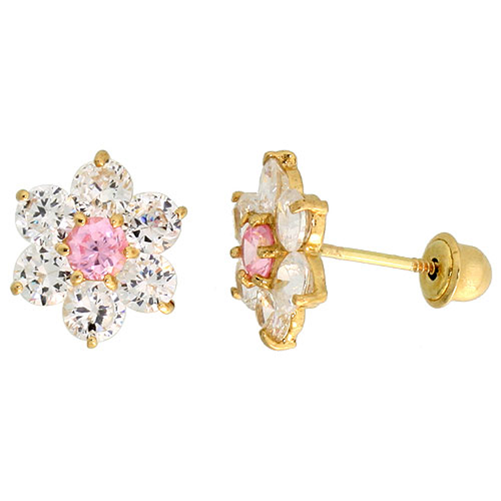 14K GOLD FLOWER STUD EARRINGS PINK & WHITE CUBIC ZIRCONIA STONES 5/16 INCH TALL