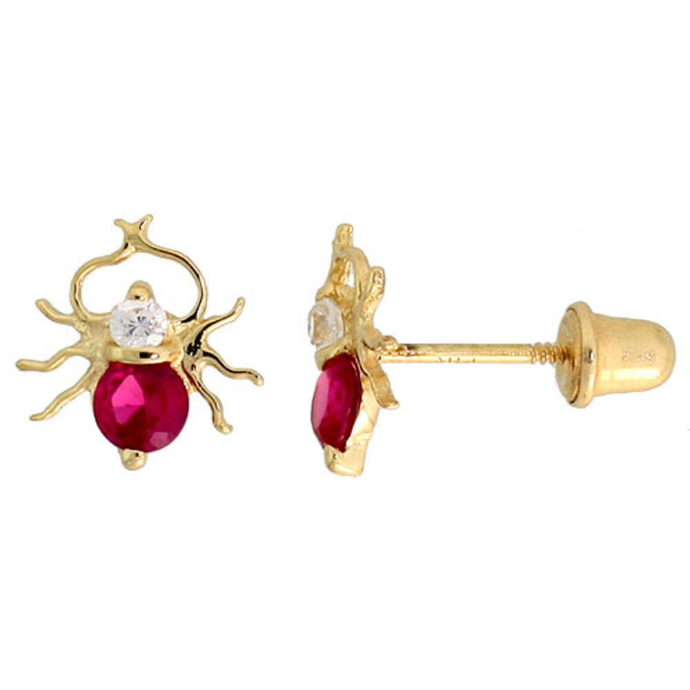 14K GOLD SPIDER STUD EARRINGS RED & WHITE CUBIC ZIRCONIA STONES 5/16 INCH TALL