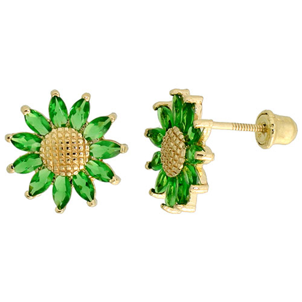 14K GOLD SUNFLOWER STUD EARRINGS GREEN CUBIC ZIRCONIA STONES 3/8 INCH TALL
