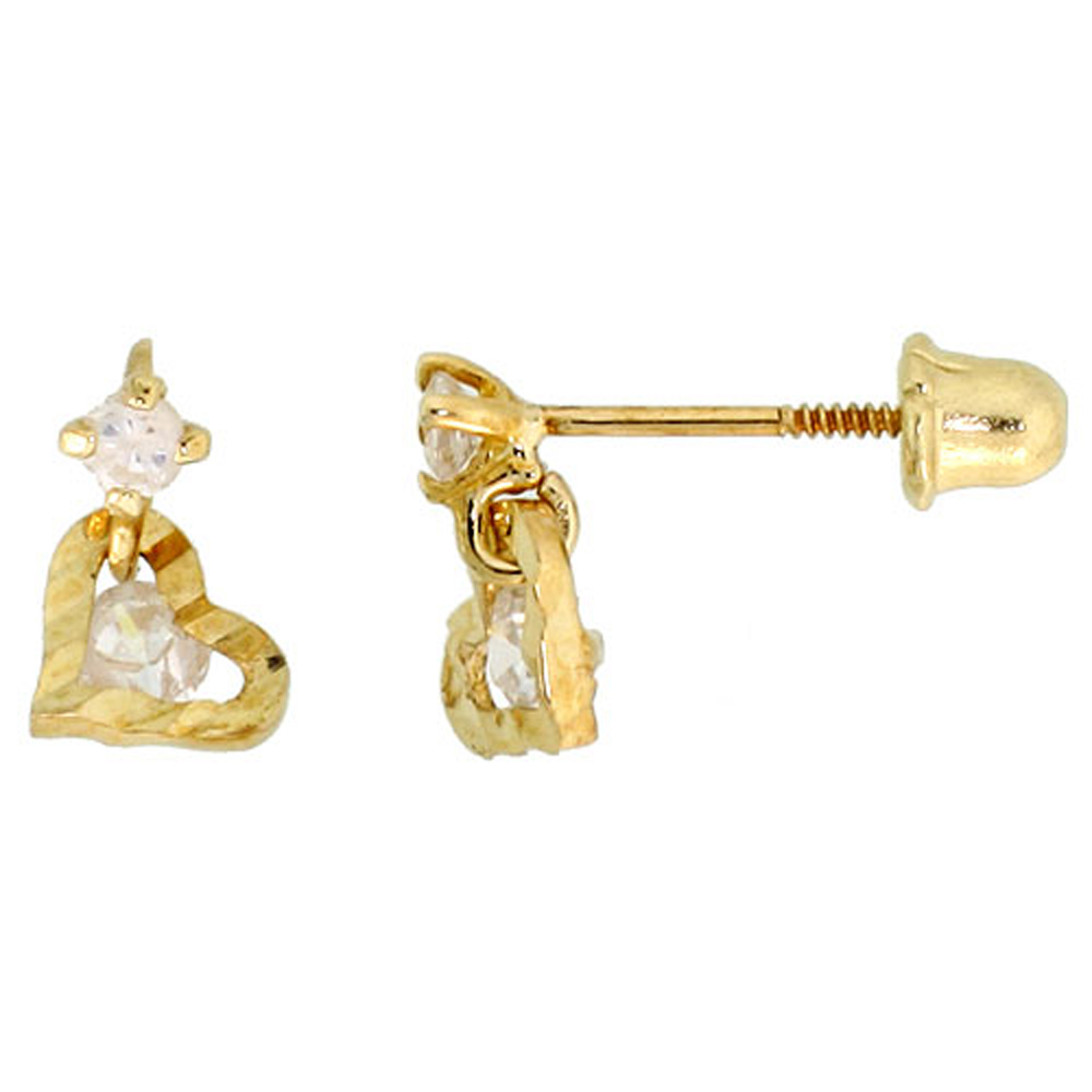 14K GOLD TINY HEART STUD EARRINGS WHITE CUBIC ZIRCONIA STONES 5/16 INCH TALL