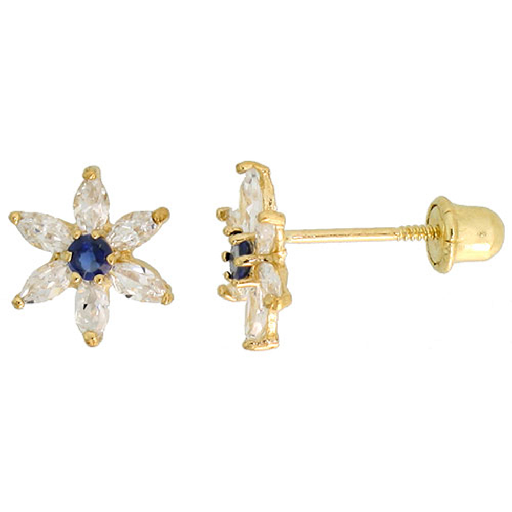 14K GOLD FLOWER STUD EARRINGS BLUE & WHITE CUBIC ZIRCONIA STONES 5/16 INCH TALL