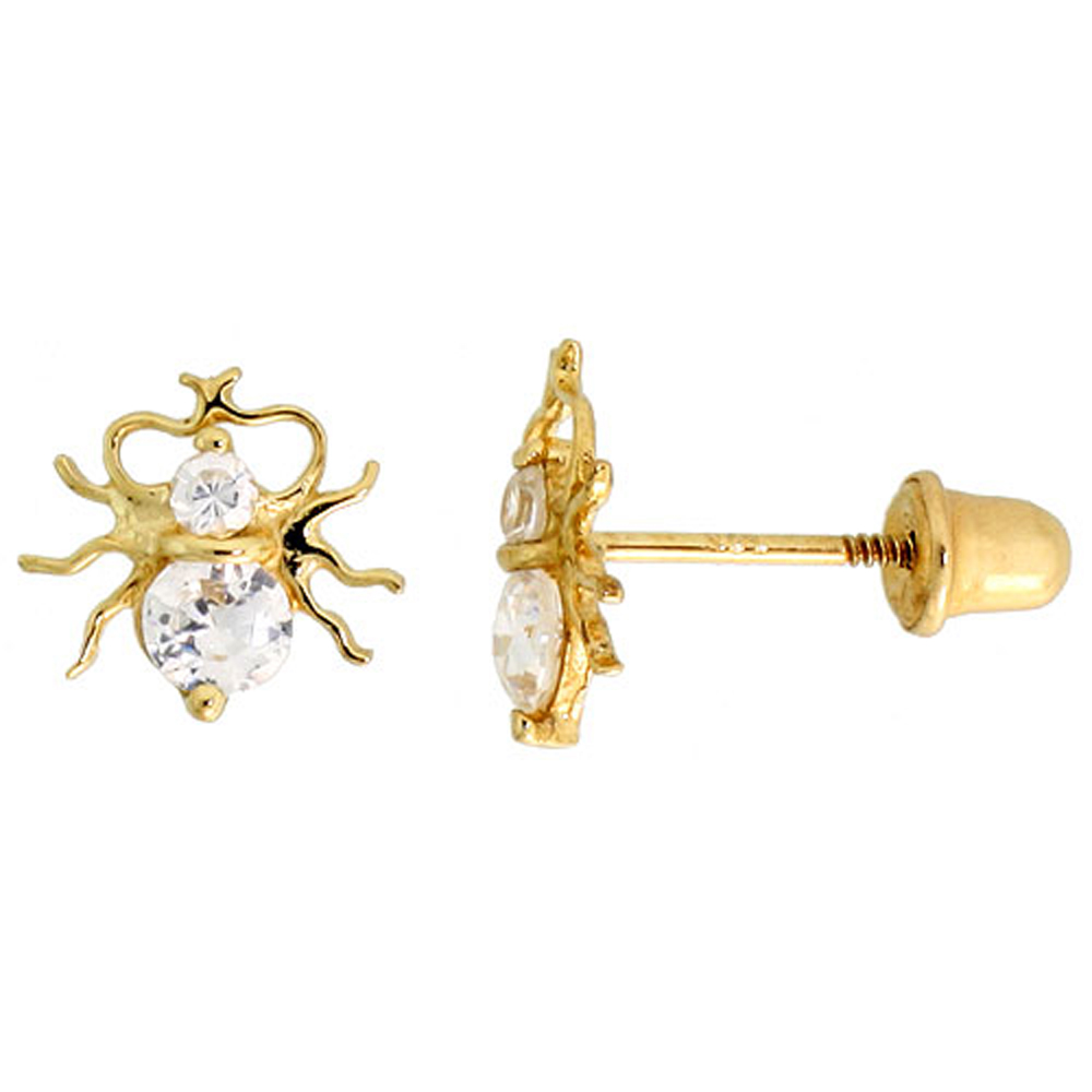 14K GOLD SPIDER STUD EARRINGS WHITE CUBIC ZIRCONIA STONES 5/16 INCH TALL