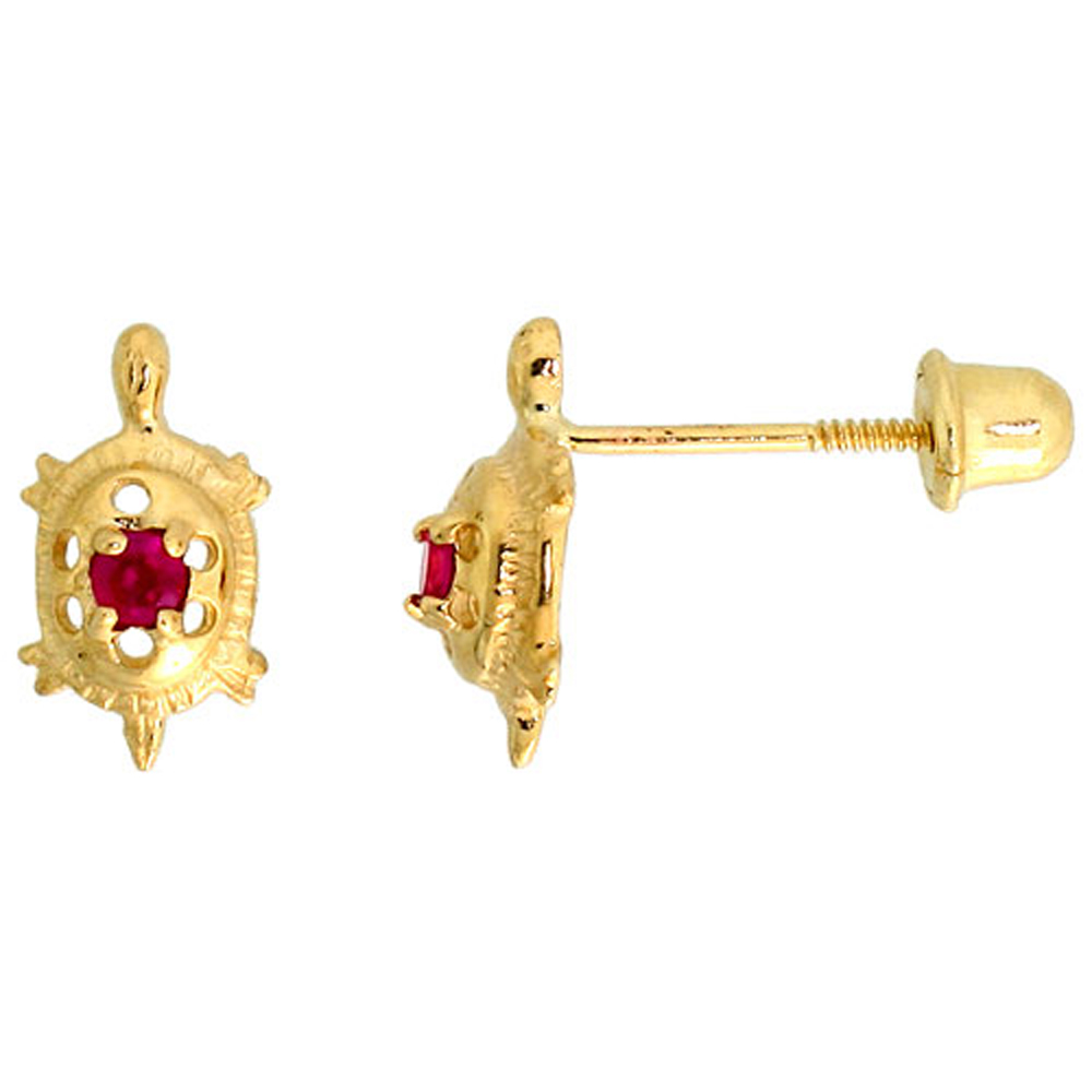 14K GOLD TINY TURTLE STUD EARRINGS RED CUBIC ZIRCONIA STONES 3/8 INCH TALL