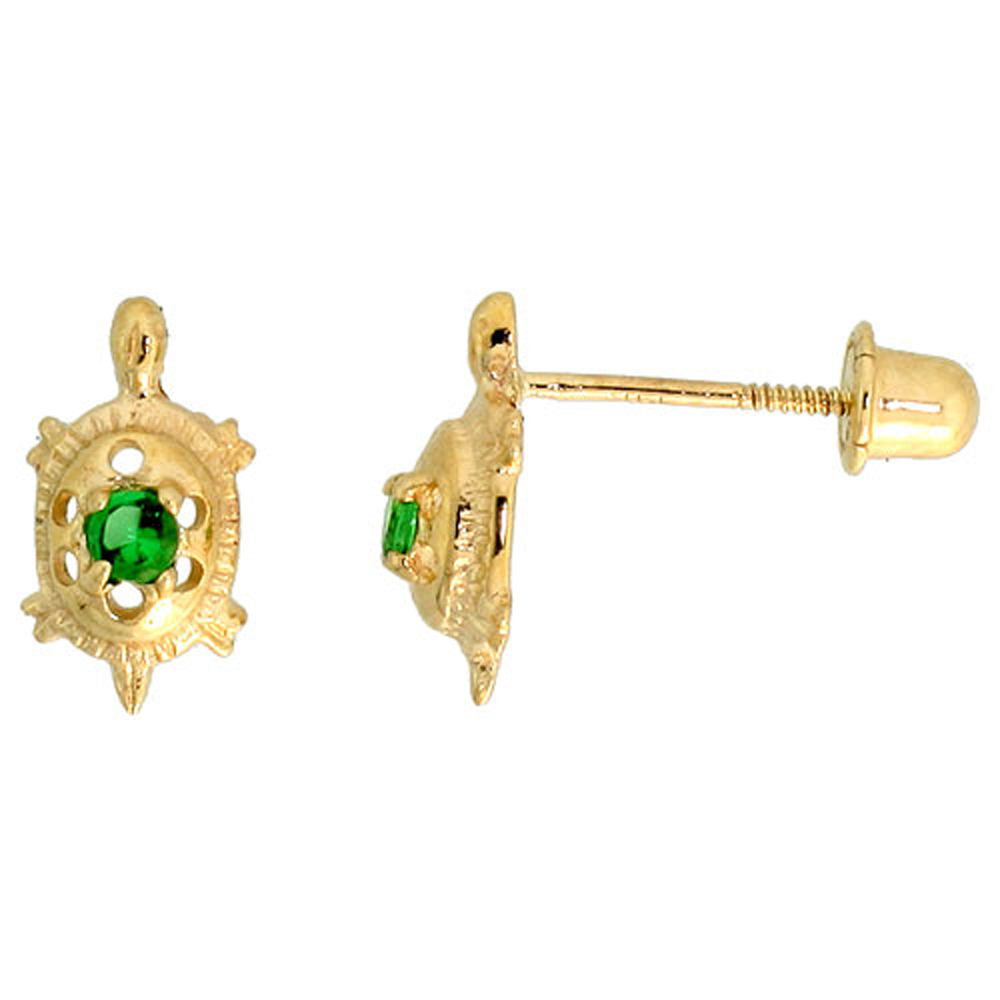 14K GOLD TINY TURTLE STUD EARRINGS GREEN CUBIC ZIRCONIA STONES 3/8 INCH TALL