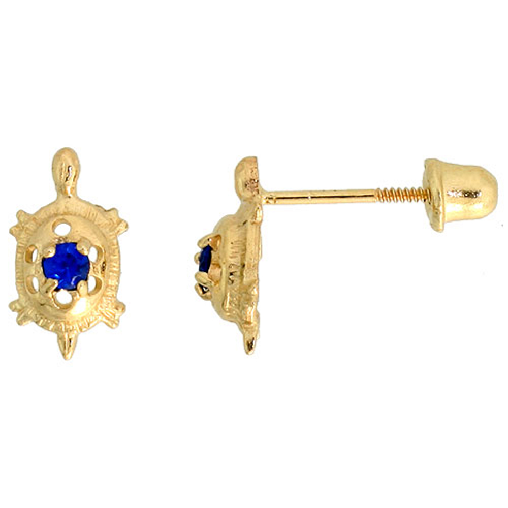 14K GOLD TINY TURTLE STUD EARRINGS BLUE CUBIC ZIRCONIA STONES 3/8 INCH TALL