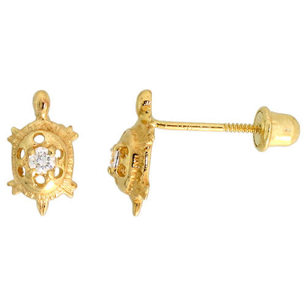 14K GOLD TINY TURTLE STUD EARRINGS WHITE CUBIC ZIRCONIA STONES 3/8 INCH TALL