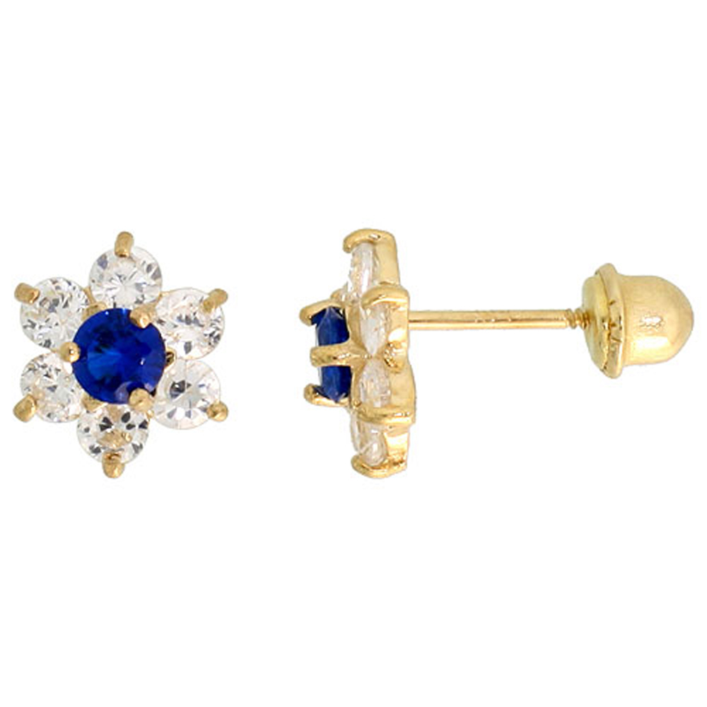 14K GOLD FLOWER STUD EARRINGS BLUE & WHITE CUBIC ZIRCONIA STONES 1/4 INCH TALL