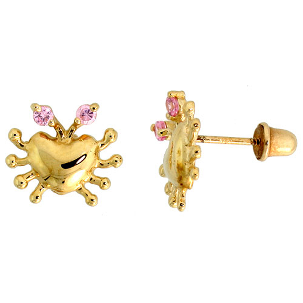 14K GOLD TINY CRAB STUD EARRINGS PINK CUBIC ZIRCONIA STONES 3/8 INCH TALL
