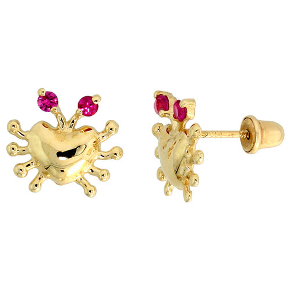 14K GOLD TINY CRAB STUD EARRINGS RED CUBIC ZIRCONIA STONES 3/8 INCH TALL