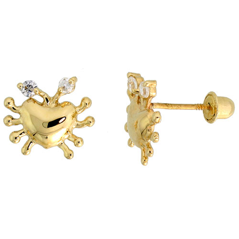 14K GOLD TINY CRAB STUD EARRINGS WHITE CUBIC ZIRCONIA STONES 3/8 INCH TALL