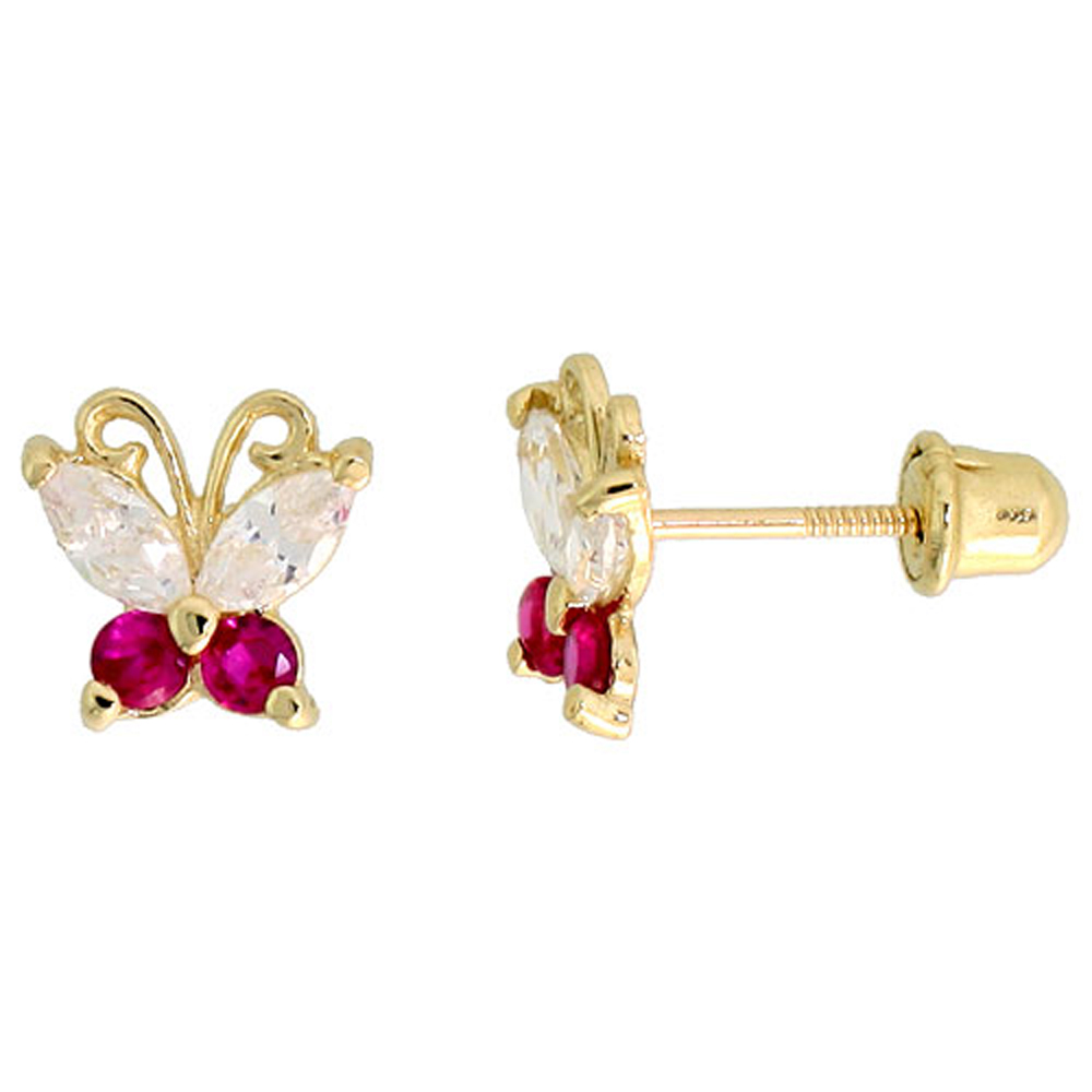 14K GOLD TINY BUTTERFLY STUD EARRINGS RED & WHITE CUBIC ZIRCONIA STONES 1/4 INCH TALL
