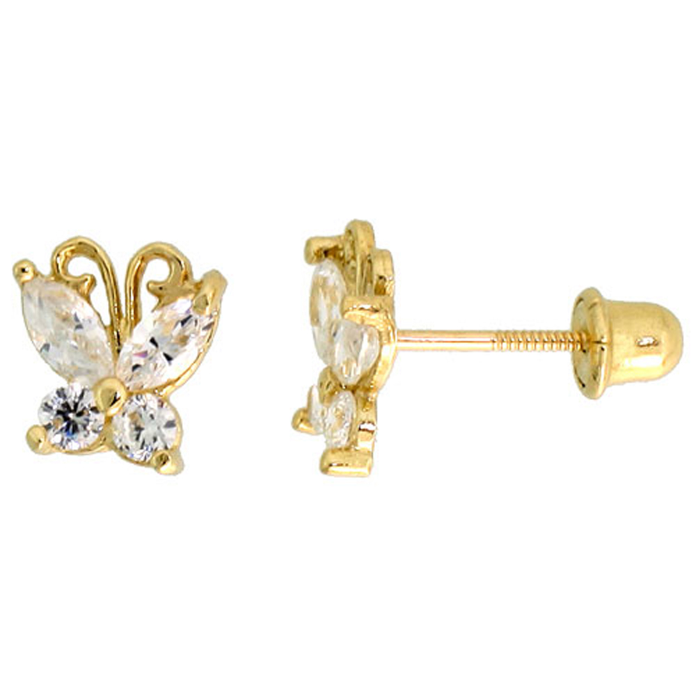 14K GOLD TINY BUTTERFLY STUD EARRINGS WHITE & WHITE CUBIC ZIRCONIA STONES 1/4 INCH TALL