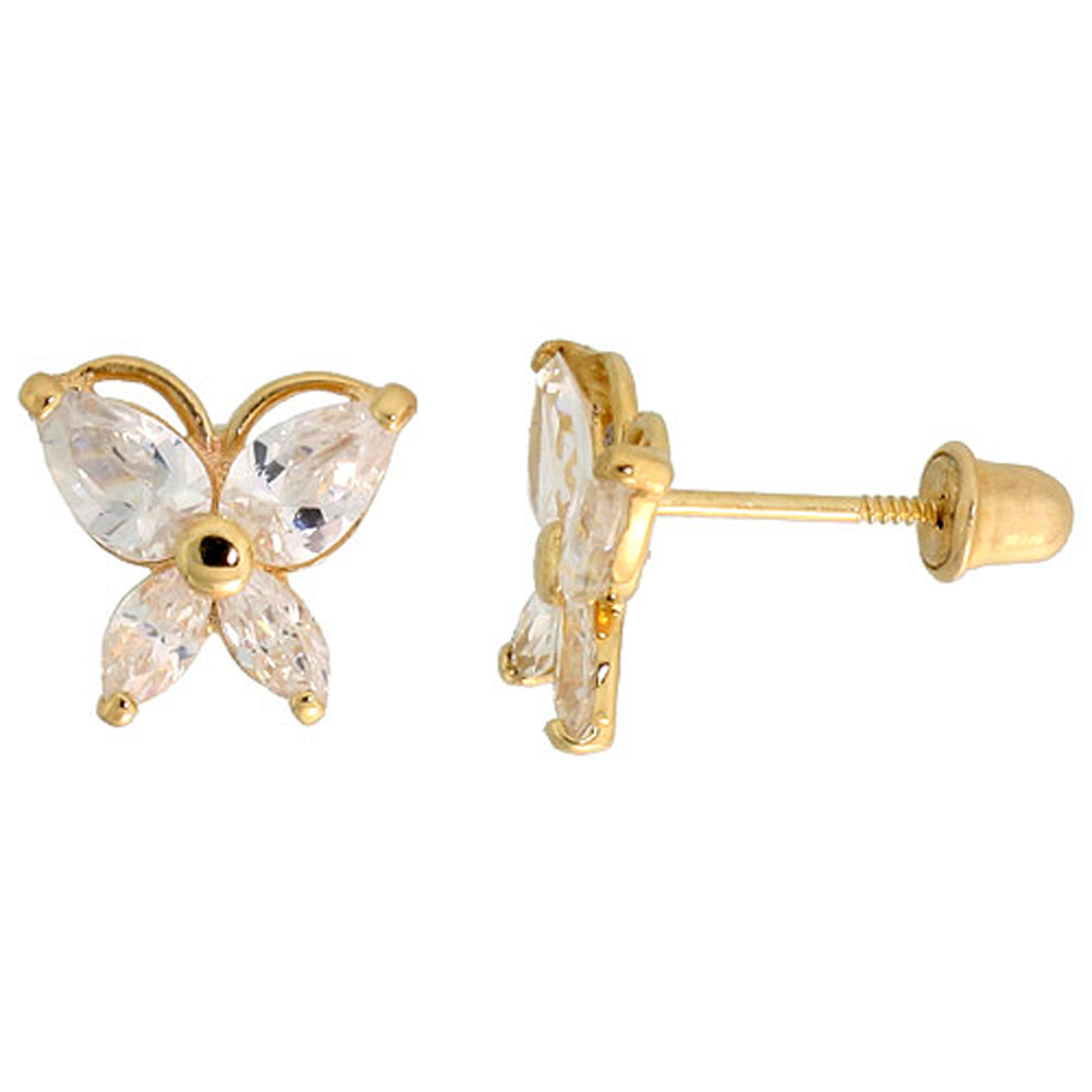 14K GOLD BUTTERFLY STUD EARRINGS WHITE & WHITE CUBIC ZIRCONIA STONES 5/16 INCH TALL