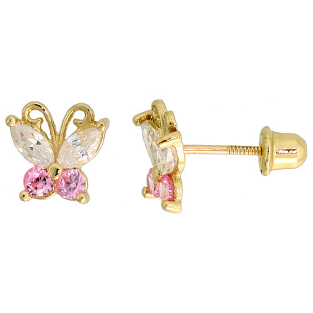 14K GOLD TINY BUTTERFLY STUD EARRINGS PINK & WHITE CUBIC ZIRCONIA STONES 1/4 INCH TALL