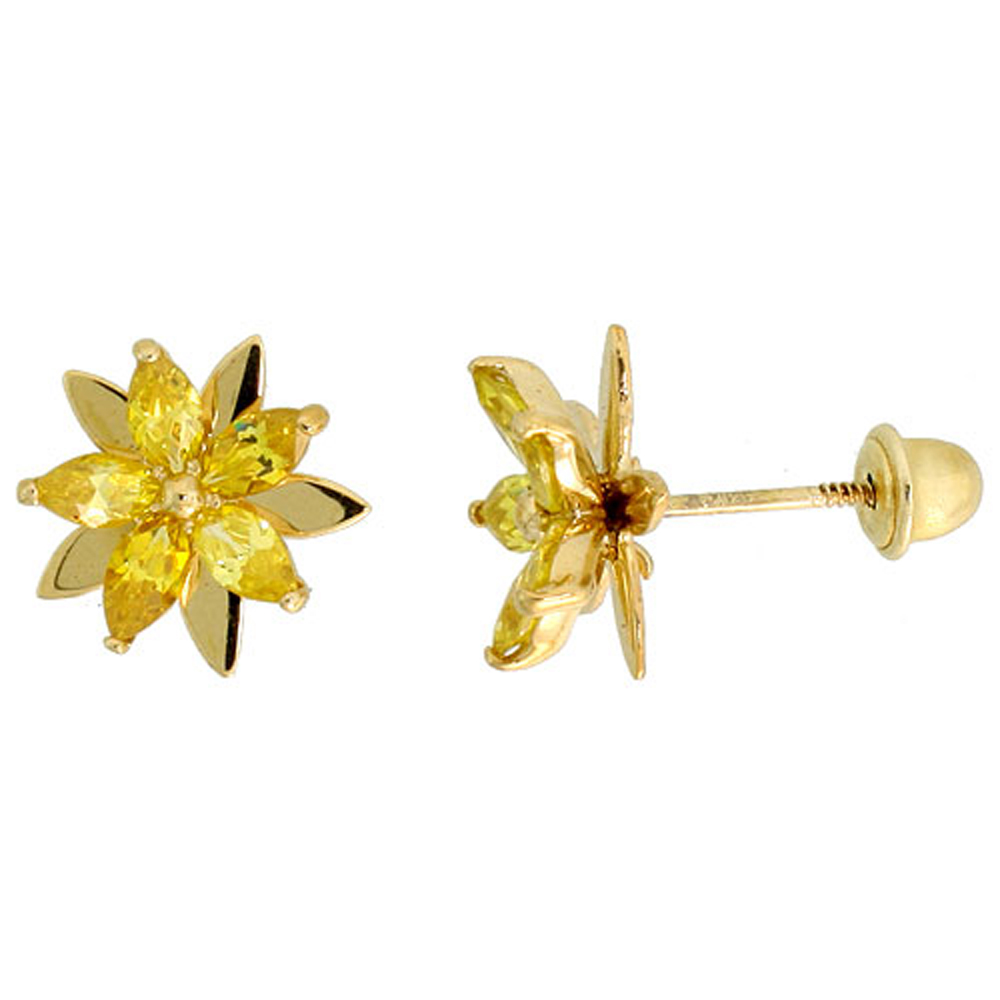 14K GOLD FLOWER STUD EARRINGS YELLOW CUBIC ZIRCONIA STONES 3/8 INCH TALL