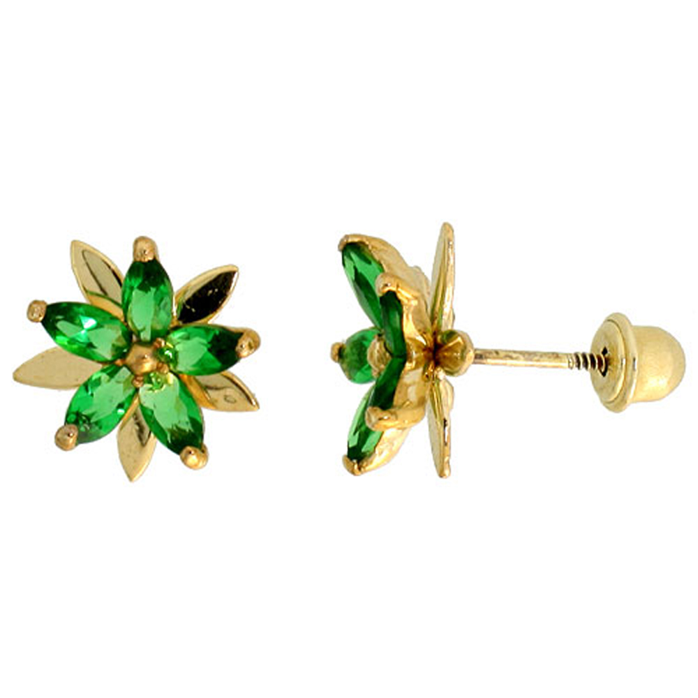 14K GOLD FLOWER STUD EARRINGS GREEN CUBIC ZIRCONIA STONES 3/8 INCH TALL
