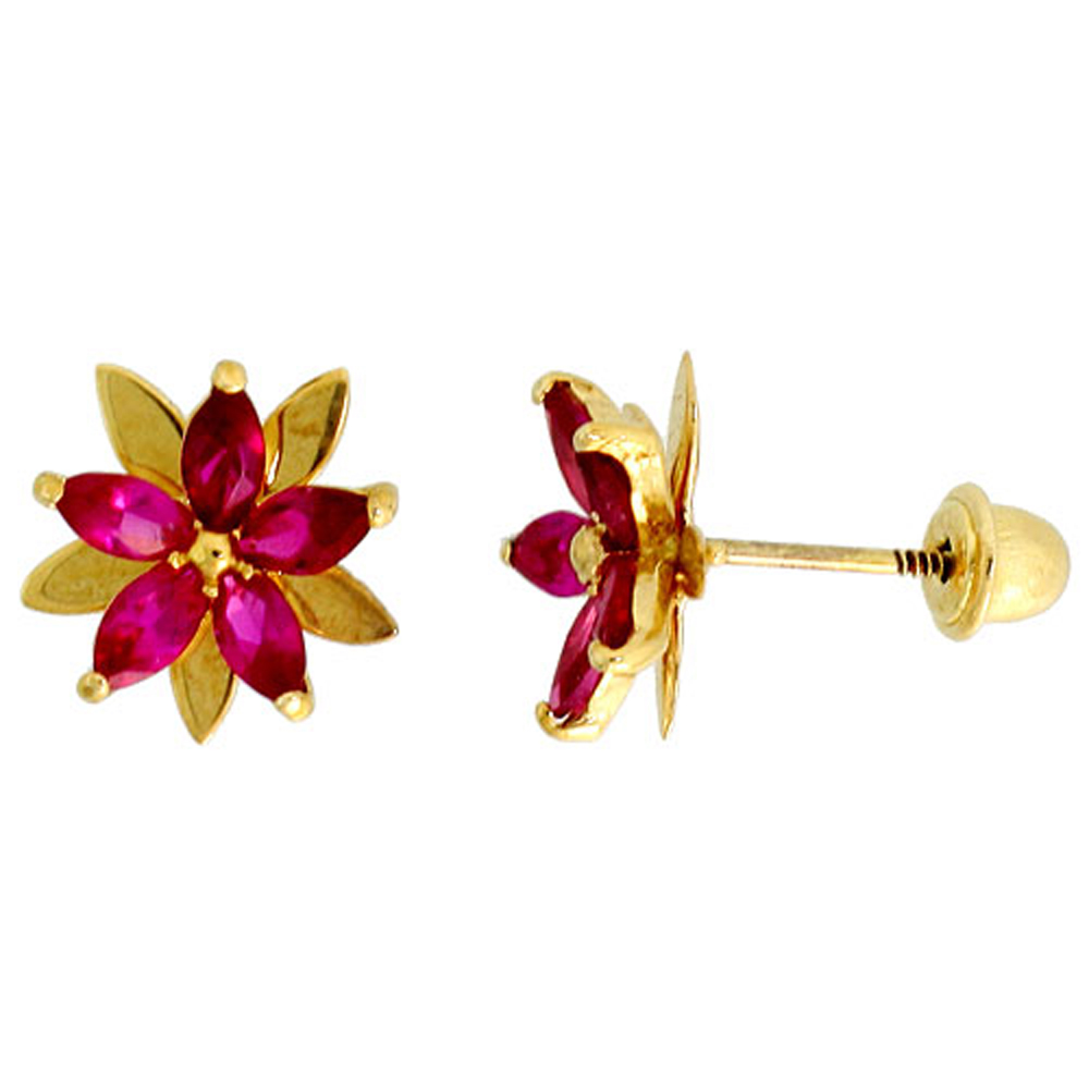14K GOLD FLOWER STUD EARRINGS RED CUBIC ZIRCONIA STONES 3/8 INCH TALL