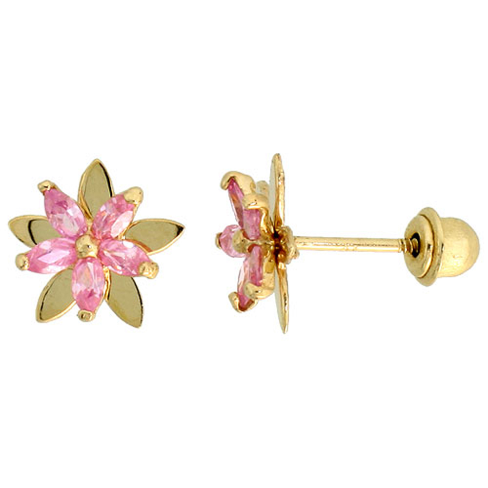 14K GOLD FLOWER STUD EARRINGS PINK CUBIC ZIRCONIA STONES 5/16 INCH TALL
