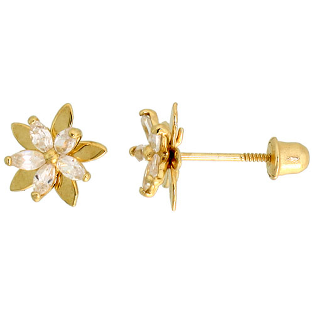 14K GOLD FLOWER STUD EARRINGS WHITE CUBIC ZIRCONIA STONES 5/16 INCH TALL