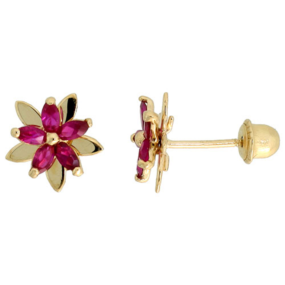 14K GOLD FLOWER STUD EARRINGS RED CUBIC ZIRCONIA STONES 5/16 INCH TALL