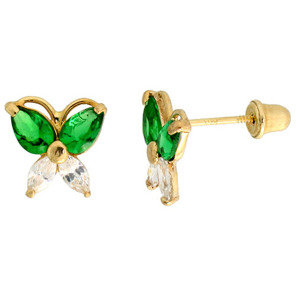 14K GOLD BUTTERFLY STUD EARRINGS GREEN & WHITE CUBIC ZIRCONIA STONES 5/16 INCH TALL