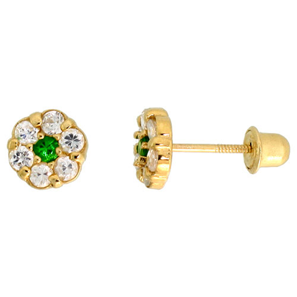 14K GOLD TINY FLOWER STUD EARRINGS GREEN & WHITE CUBIC ZIRCONIA STONES 1/4 INCH TALL